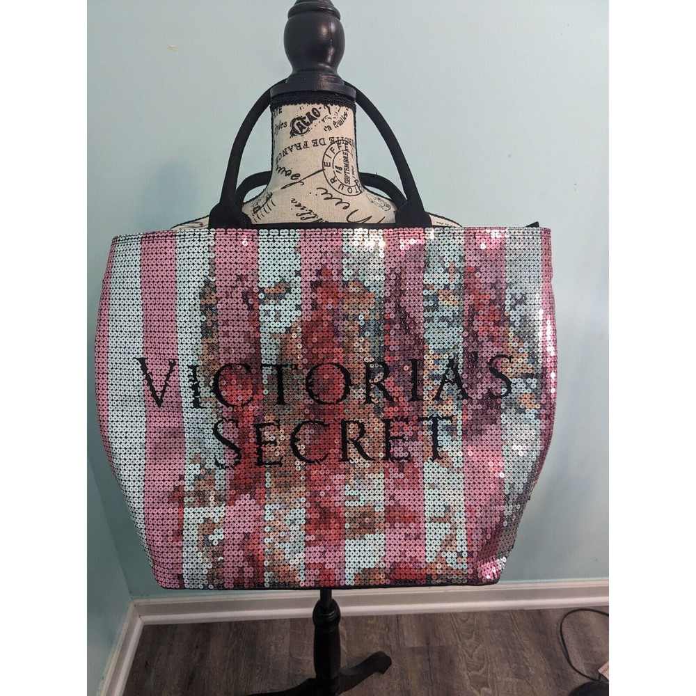 Victorias Secret Weekender Beach Bag Pink Silver Stripe Sequin Limited E…
